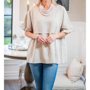 Crown Linen Designs Carley Top S Soft Flax Beige Ruffle Short Sleeve Blouse Boho
